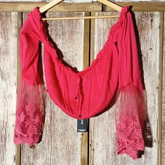 NEW Boho romantic cottage prairie lace embroidered gauzy crop pink large - Picture 2 of 9